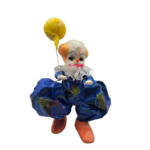 Vtg Mexico Folk Art Paper Mache Clown Figures 6.5" Creepy With Floating Balloon - Picture 1 of 7